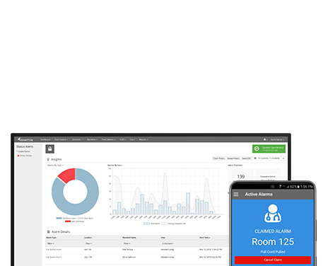 Desktop monitor and phone pictured with QUANTUM nurse call, insights, and reporting software