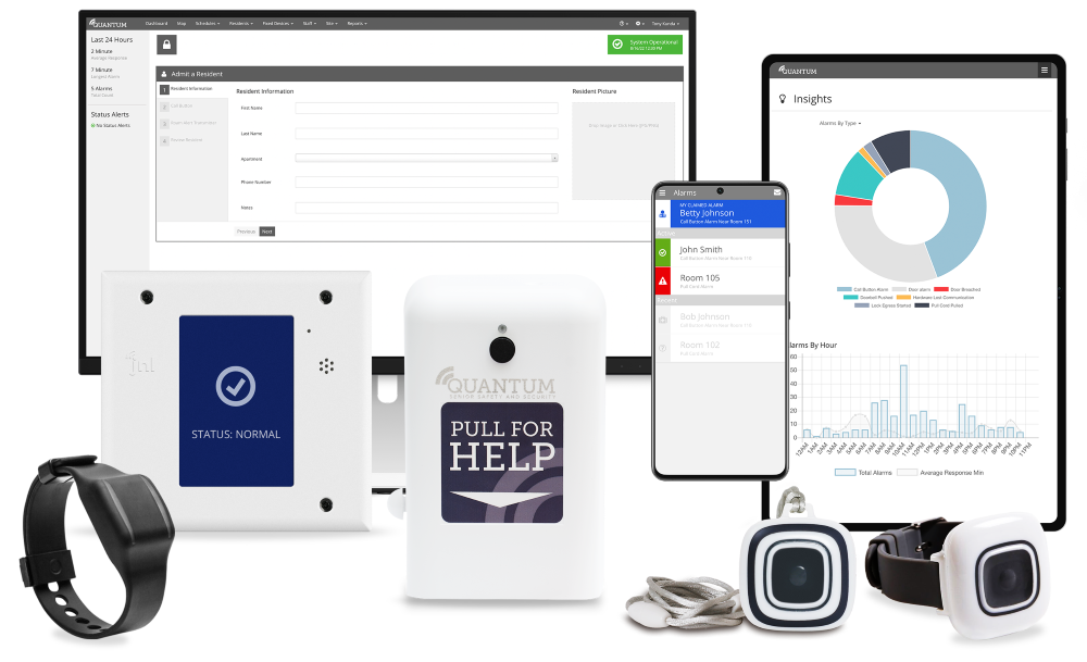 Product Comp 2025_reduced size Collection of QUANTUM products including desktop interface, mobile app, tablet app, door control, nurse call transmitters, and wander management wearable