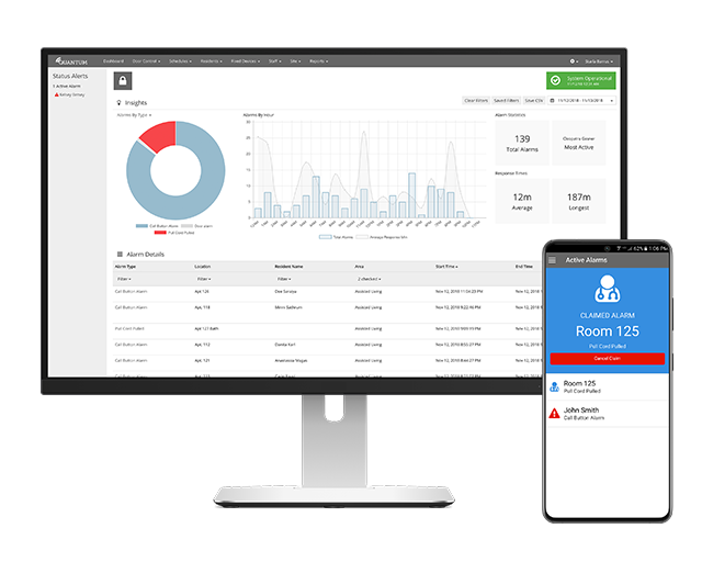 Desktop monitor and phone pictured with QUANTUM nurse call, insights, and reporting software