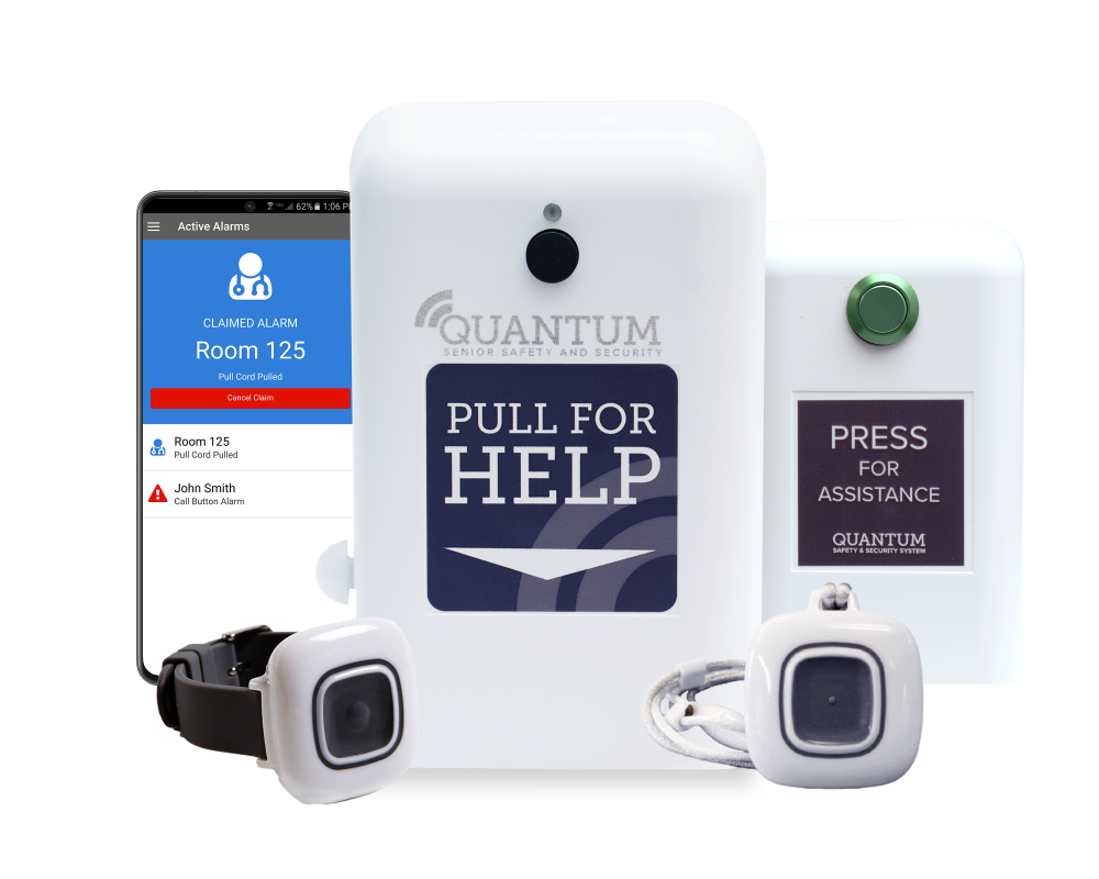 Wireless alarms product compilation featuring the QUANTUM pull cord, mobile app, doorbell, and pendants.