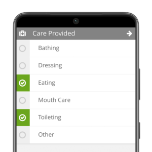 Half of a phone, showing the QUANTUM interface with cares listed: bathing, dressing, eating, mouth care, toileting, other